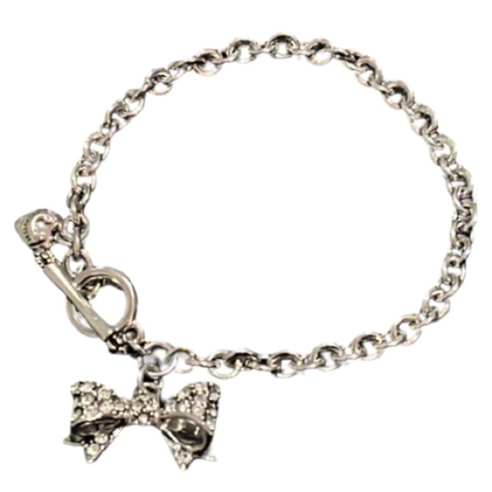Juicy Couture Silver Crystal Bow Charm Chain Toggle Bracelet